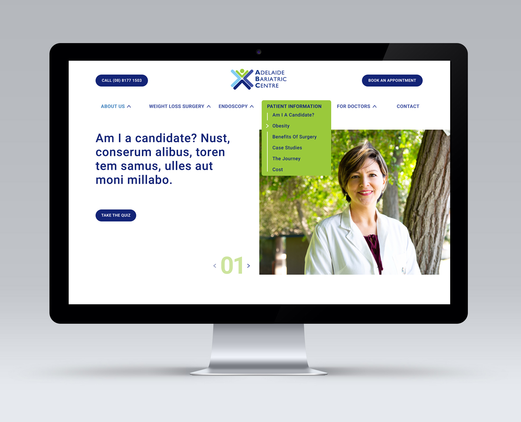 Adelaide Bariatric Centre website redesign, website wireframe and high fidelity prototype.