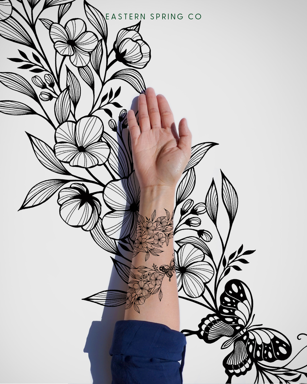 Eastern Spring Co artistic tattoo design, Wildflowers Butterfly bracelet wraparound