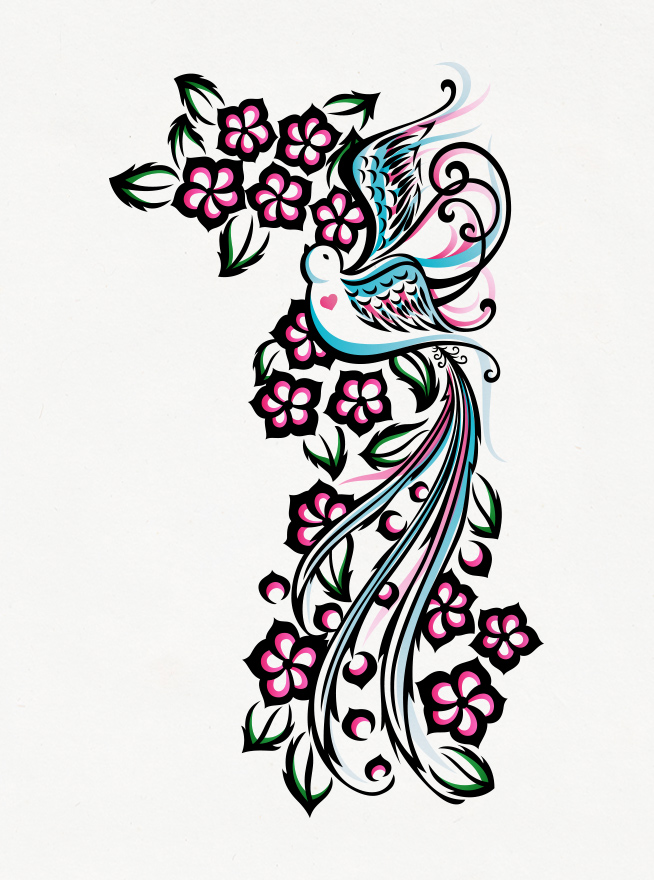 Eastern Spring Co Illustration with bird and flowers, tattoo design