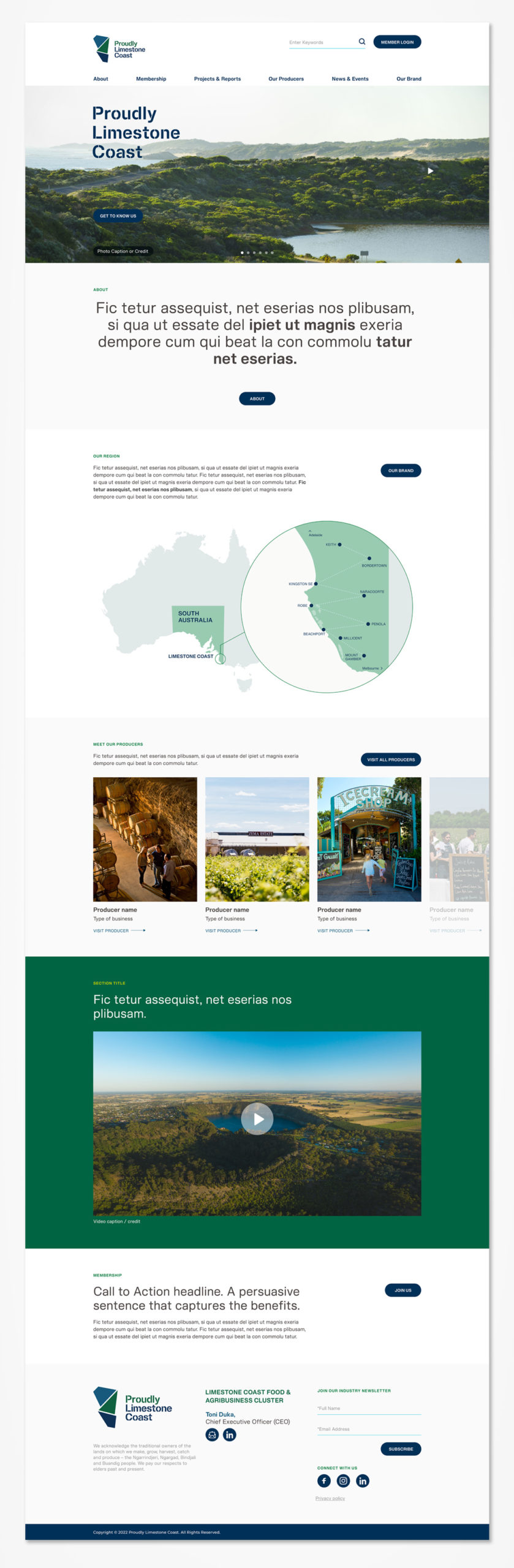 website redesign, Proudly Limestone Coast website wireframe and high fidelity prototype.